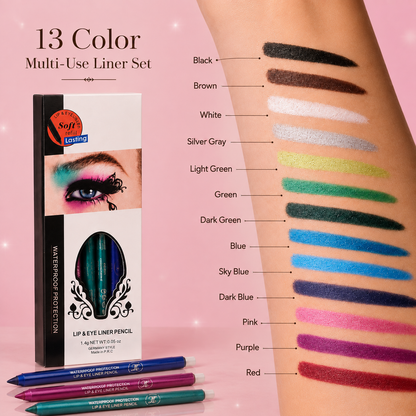 13-Color Waterproof Lip & Eye Liner Pencil Set